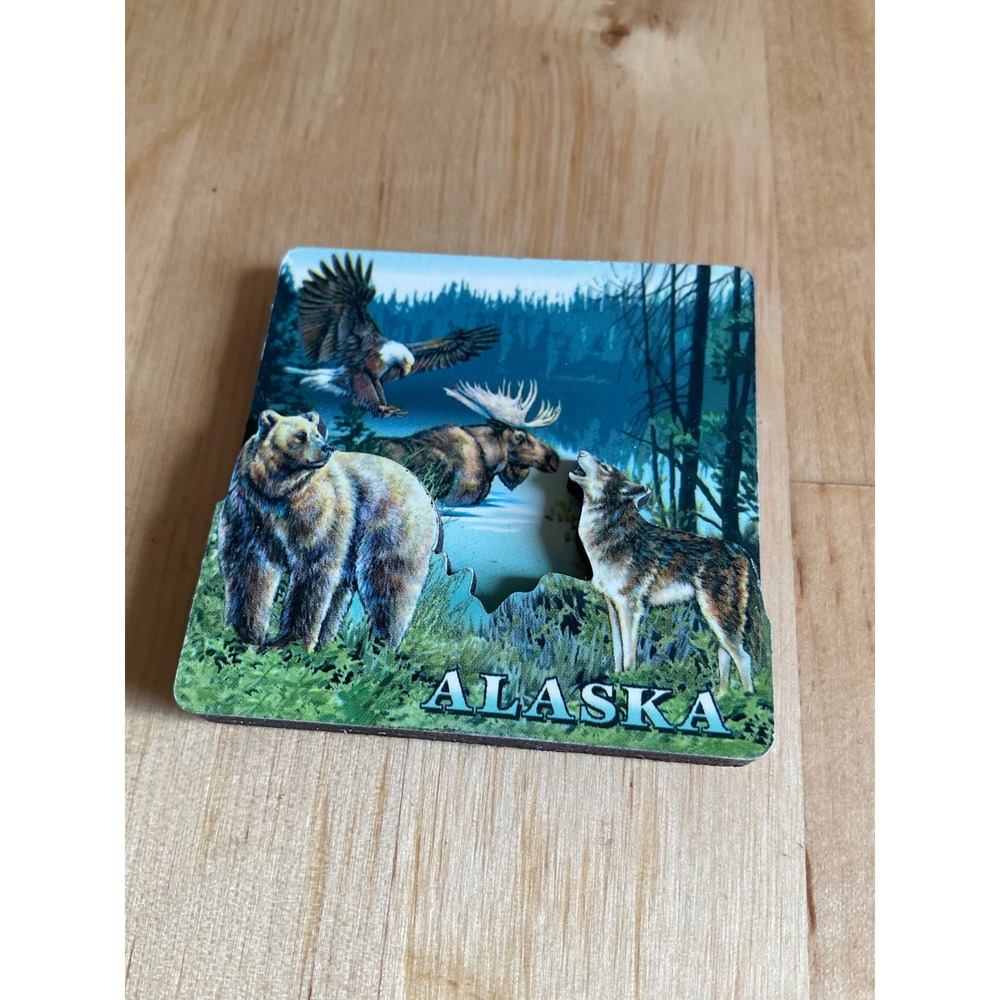 Alaska Souvenir Magnet Wildlife Grizzly Bear Wolf Moose Eagle 3D Layered Design